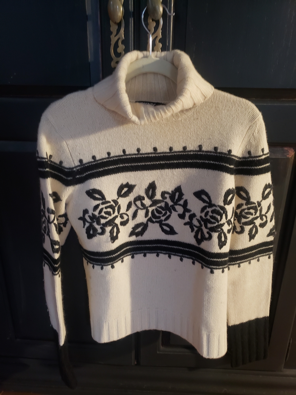 DKNY Cream Turtleneck Sweater with Black Floral Jacquard